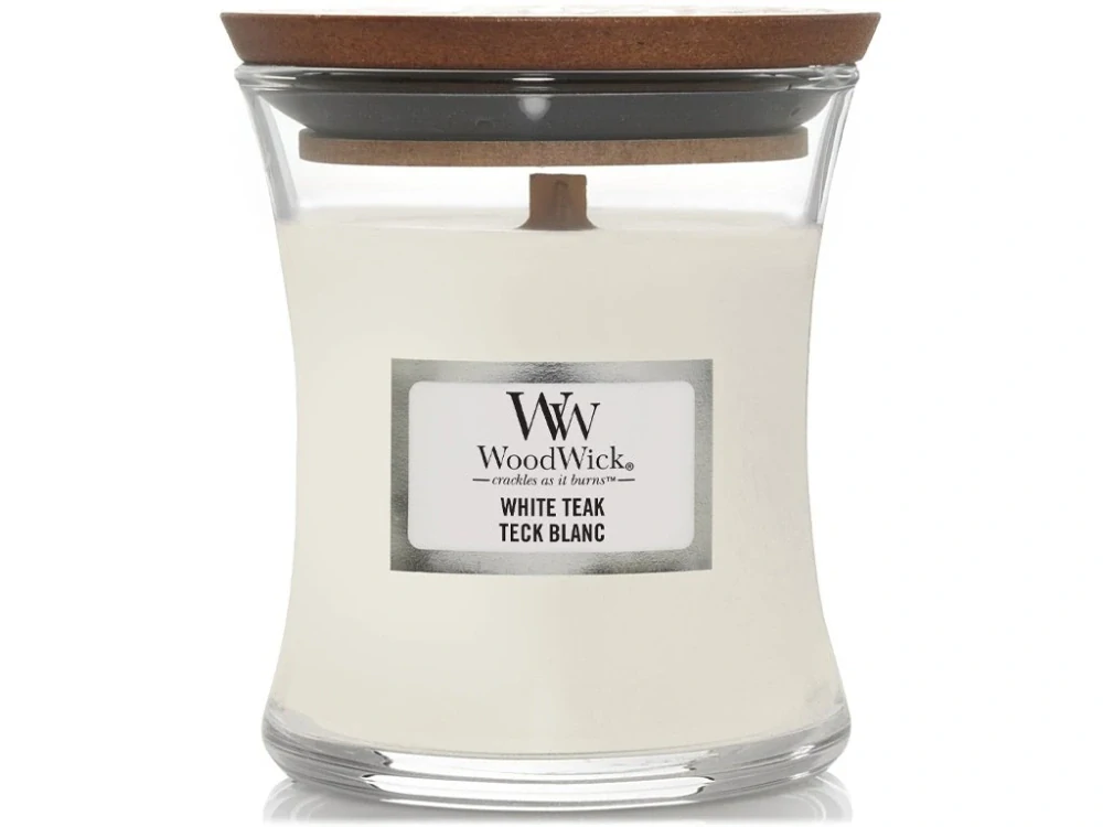 Woodwick vonná svíčka White Teak (Bílý teak) 275 g