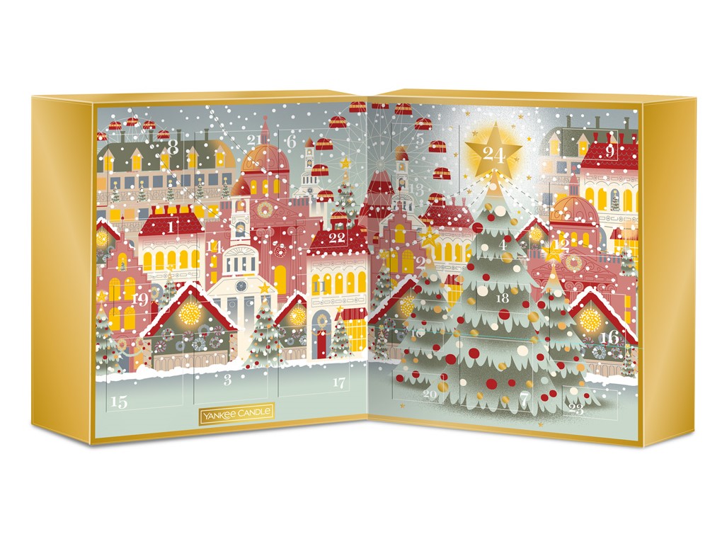 Yankee Candle, adventní kalendář - kniha - votivní svíčky ve skle a čajové svíčky se svícnem
