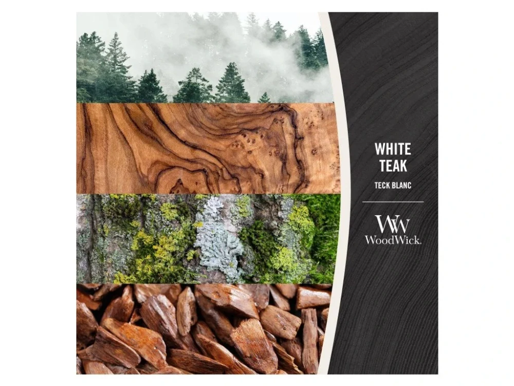 Woodwick vonná svíčka White Teak (Bílý teak) 275 g
