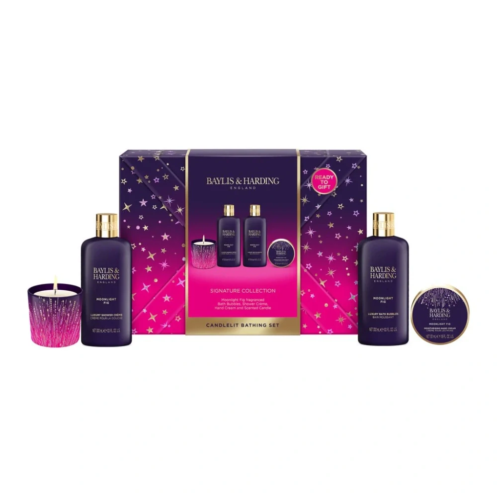 Baylis & Harding, Moonlight Fig - sada s péčí o tělo a svíčkou, 4 ks