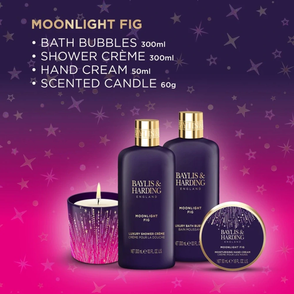 Baylis & Harding, Moonlight Fig - sada s péčí o tělo a svíčkou, 4 ks